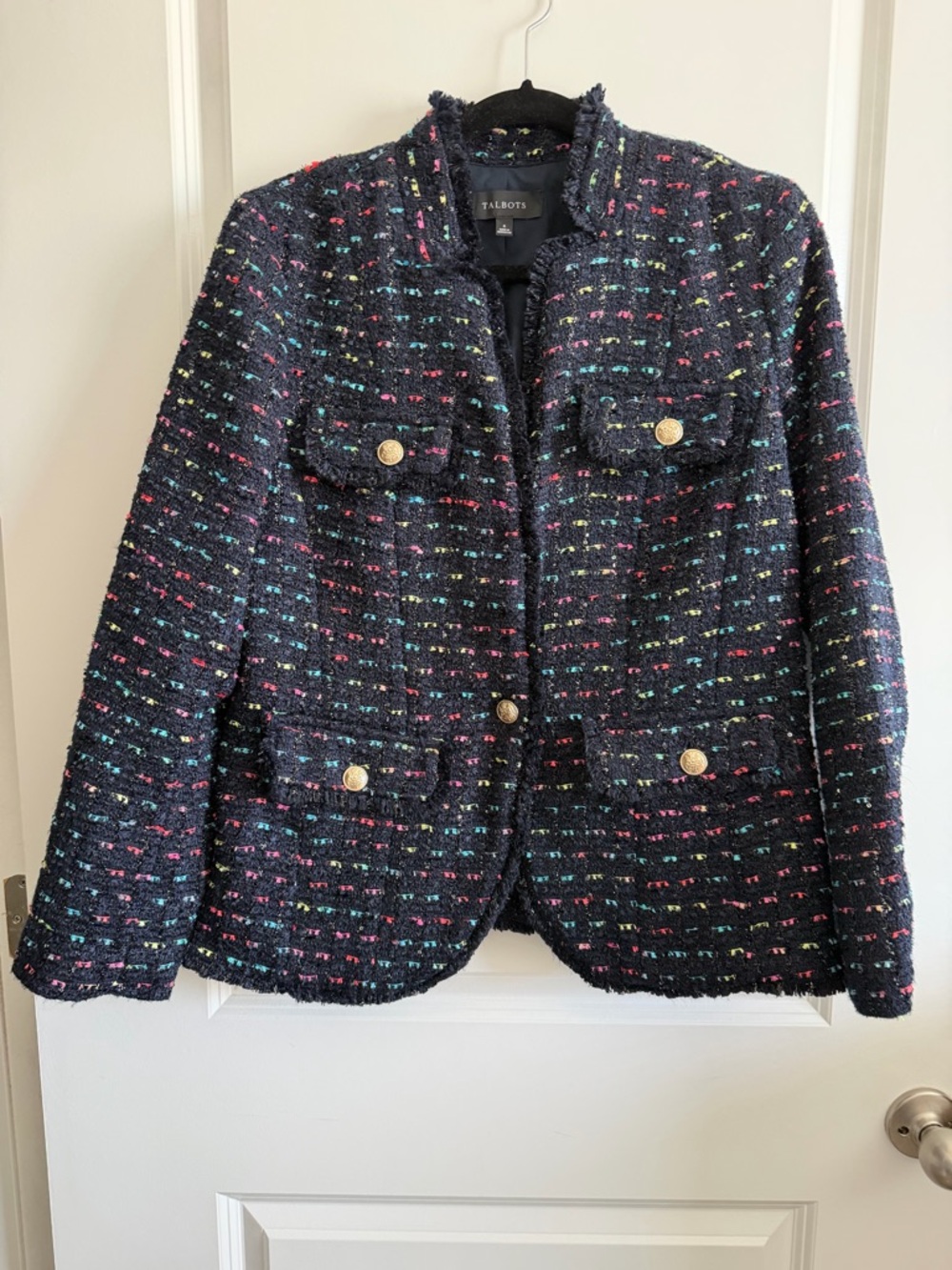 Talbots Dark Navy Tweed Jacket with Multicolor Speckle